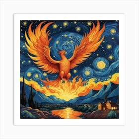 Phoenix Bird Fire Flying At Starry Night Van Gogh Painting Art Print