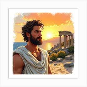 Watercolor Scene Of A Charming Greek Man With A Picturesque Sunset Over Ancient Ruins 1 Art Print