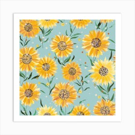 Summer Happy Sunflowers Blue Square Art Print