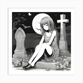 Anime Girl Sitting On A Grave Art Print