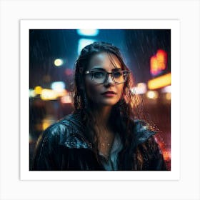 Portrait Of A Woman With Glasses Rain Soaked And Dramatic Night Setting Reflections On Glasses N Art Print