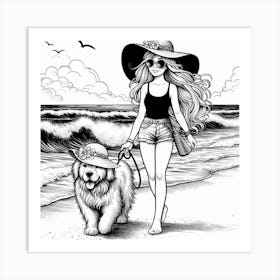 Line Art lady with a dog on the beach 5 Art Print