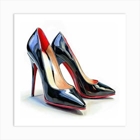 Watercolor Illustration Of A Pair Of Black High Heeled Shoes With Red Soles Art Print