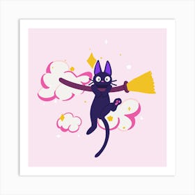 Black Cat With A Broom Art Print
