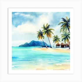 Watercolor Tropical Beach With Palm Trees, Bora Bora 1 Art Print