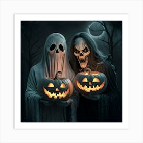 A Spooky Halloween Couple With Pumpkin Carved Faces Art Print