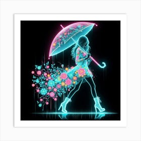 Neon Girl With Umbrella Art Print