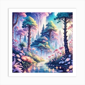 A Fantasy Forest With Twinkling Stars In Pastel Tone Square Composition 19 Art Print