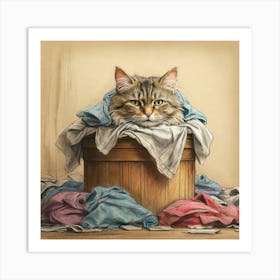 Cat In Laundry Basket 1 Art Print