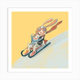 Rabbits On A Sled Winter Fun Art Print