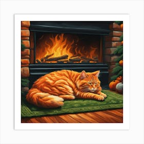 Cat In Front Of Fireplace Art Print