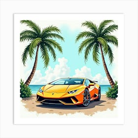 Lamborghini Huracán In A Watercolor Tropical Paradise With Palm Trees 1 1 Art Print