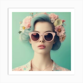 Blue Haired Girl With Flowers Art Print