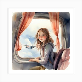 Girl Looking Out Of Airplane Window Art Print