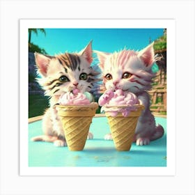 Two Kittens Eating Ice Cream Art Print