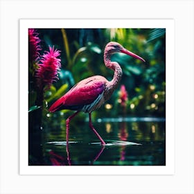 Pink Feathered Bird of the Lush Green Jungle Art Print