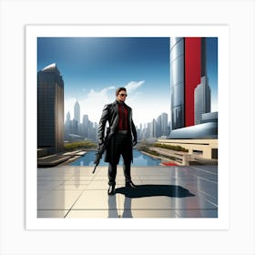The Image Depicts A Man In A Black Suit And Helmet Standing In Front Of A Large, Modern Cityscape Art Print