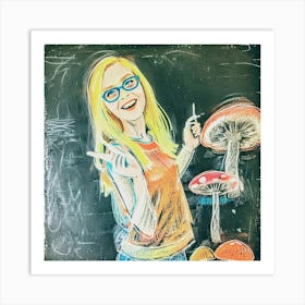 Chalk Drawing Of A Girl tripping With Mushrooms. Art Print