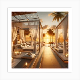 A Luxurious Beach Resort Scene At Sunset, Capturing The Essence Of Elegance And Serenity Art Print