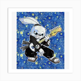 Starry Night Bunny Guitarist Rabbit Samurai Art Print