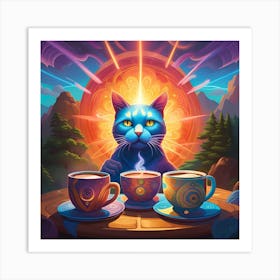 Enlightened Cat With Cups Of coffee psychedelic Art Print