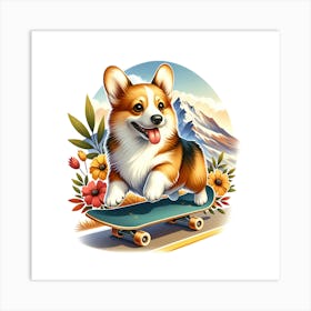 Corgi Skateboarding Art Print