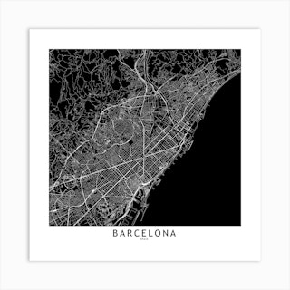 Barcelona Black And White Map Square Art Print