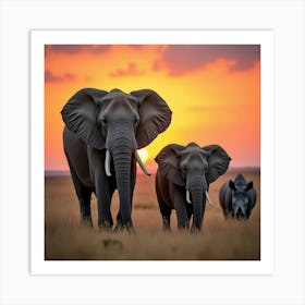 Sunset With Elephants Art Print