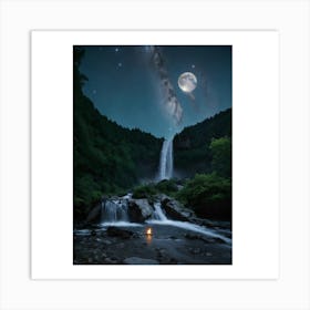 Moonlight Over Waterfall Art Print