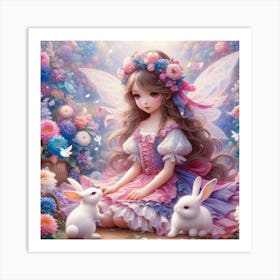 Fairy girl with white bunny Art Print