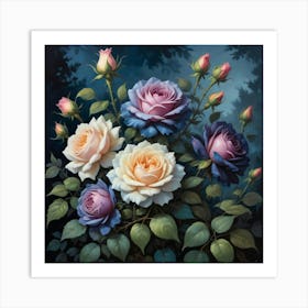 Vintage Midnight Summer Botanical Roses Garden Art Print 1 Art Print