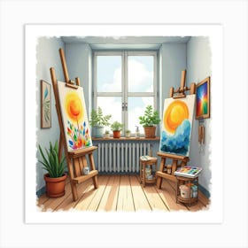 Art Studio Interior In Watercolor, With Easels And Colorful Paint Palettes 1 Art Print