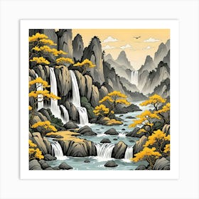 Chinese Landscape With Waterfalls, Black And Yellow Art Print