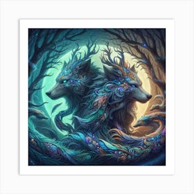 Two Wolves In The Forest Art Print