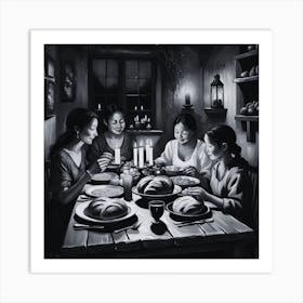 Family Dinner Black and White Art Print