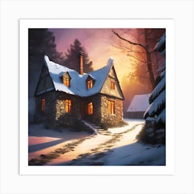 Stone Cottage in Snowy Conifer Forest Art Print