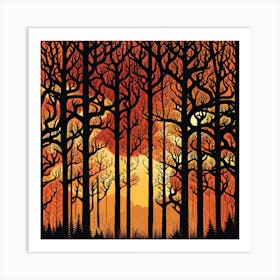 Sunset In The Forest 3,   Forest bathed in the warm glow of the setting sun, forest sunset illustration, forest at sunset, sunset forest vector art, sunset, forest painting,dark forest, landscape painting, nature vector art, Forest Sunset art, trees, pines, spruces, and firs, orange and black.  Art Print