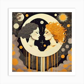 Moon And The Sun Facing Each Other Art Print