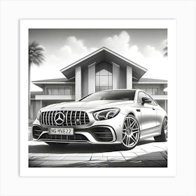 A Pencil Drawing Of A Mercedes Benz AMG In Front Of A Beautiful Modern Mansion 2 Art Print