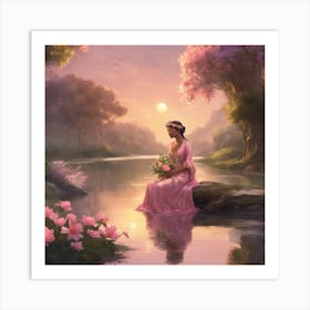 Sunset Serenity Woman By The River In A Pink Dress (5) Art Print