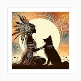 Boho art Silhouette of woman with dog 3 Art Print