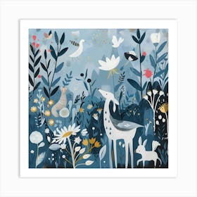 Deer In The Meadow, Naïve Folk Art Print