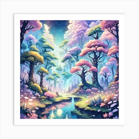 A Fantasy Forest With Twinkling Stars In Pastel Tone Square Composition 433 Art Print