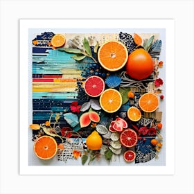 Oranges And Leaves, Produce An Eclectic Collage Combining Calligraphy Textured Paint Swatches And Cut Out Elements Art Print