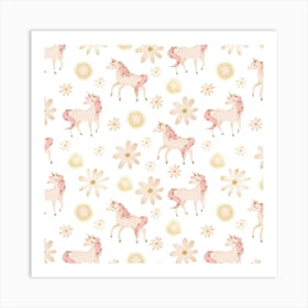 Pink Unicorns And Flowers Art Print