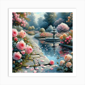 Roses In The Garden With The Fountain, Acrylic Style Painting 6 Art Print