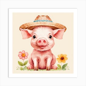 Floral Baby Pig Nursery Illustration (3) Art Print