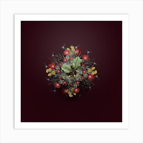 Vintage Bear Oak Leaves Floral Wreath on Wine Red n.2884 Art Print