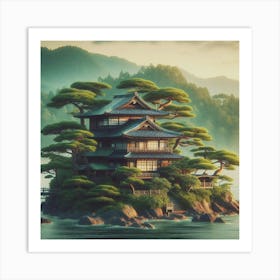 Japanese house in the middle of the sea and trees 3 Art Print