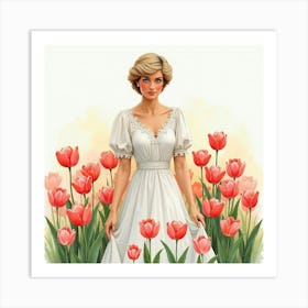 Princess Diana In A Watercolor Scene With A Field Of Delicate Tulips 1 Art Print